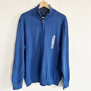 NWT Nautica Sweater Blue 1/4 Zip Cotton Mock Neck Classic Preppy
